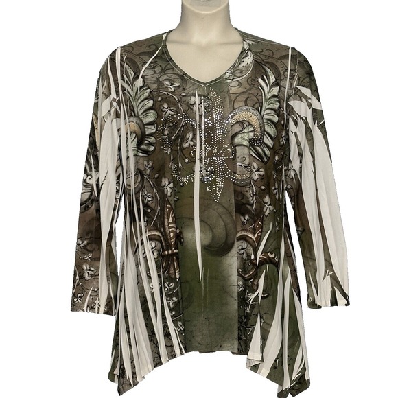 VTG Y2K Womens Top Plus 1X Green Fleur de Lis Studded Shark Bite Whimsigoth - Picture 1 of 13